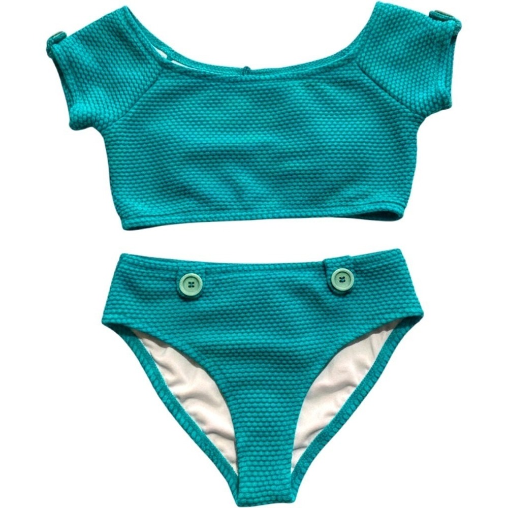 Heart and Harmony Teal Green Waffle Knit SwimSet Lattice Back High Waist 
Sz 12